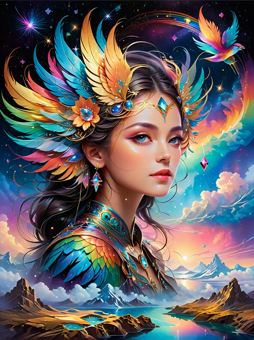 Dramatic depiction of a stunning beauty with glittering wings,Rainbow feathers. She flew over surrealism,Dusk sky,Leaving a trail of stardust behind. Her eyes sparkled with mystery and curiosity.. She is surrounded by floating islands that are not affected by gravity.,Each piece is decorated with bright colors,Floating crystal. Bold and fantastical colors,Create an otherworldly beauty. Use drone cameras to capture unique angles.,