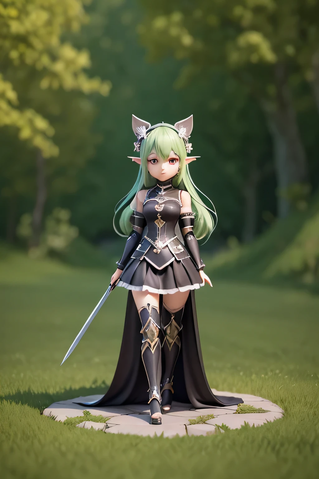 Cute  in black long suit hybrida armor，dual weilding black sword of red lighting, Step on the green lawn beneath your feet, mountain ，Like a fairy，Extremely cute，with elf ears，full bodyesbian：2.1，Detailed rendering with 3D rendering techniques，Stylized representation of digital art。Render a cute 3D anime girl，Stylized presentation，A cute ceramic doll and a super detailed fantasy character appear at the same time，are rendered in stylized 3D renderings。Cute images of forest creatures and digital art will also appear，The background depicts the atmosphere of April