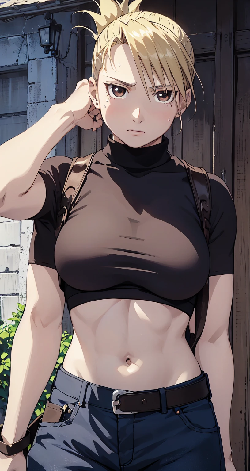 masterpiece, highest quality, High resolution, One Girl, Hamriz, ponytail, Brown eyes,big , Black Shirt, Tight shirt, holster, Short sleeve, belt, Covered navel, Blue pants,Outdoor、Upper body close-up、blush、Sweat、Composition from the front、anime、(((Stand in front、Facing forward)))