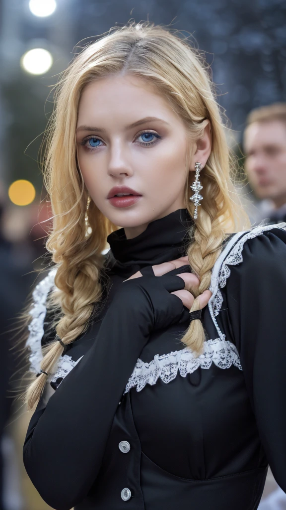 1 miniature Beautiful beautiful woman - Yuan Sayuki, ((top quality, 8K, Masterpiece:1.retty woman, 1 woman, huge breasts:1.3, a slim body:1.1, lush GINGER long
braided hair, (shower, wet body, wet clothes:1.1), very detailed face, detailed lips, detailed eyes, double eyelids, Detailed blue eyes, чрезвычайно Detailed Outstanding Blue Eyes, long GINGER wet hair, GINGER wet hair, Detailed Outstanding Blue Eyes, innocent look at the viewer, very wet wavy white hair, Detailed Outstanding Blue Eyes, huge cross earrings, Outdoors, badges behind, gothic maid uniform, sexy maid dress, bare chest, huge chest tattoo, detailed huge catholic cross earrings, chest tattoo, Outside, wear a silver cross (Detailed cross shape), reality mode, wet breasts, black necklace, human crowd behind, black latex gloves, hair of white snowy colour, night time, red neon lights, demonic nun, nimbus (golden lighting ring above her head), angel, snowy weather, sexy pose, white lingerie, black maid dress, detailed flower wreath made of different colours, open chest