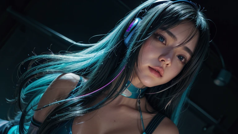 (masterpiece), highest quality, 超High resolution,Girl, サイバーパンク 1 美しい都市景観の上を飛ぶGirl ,Headphones,Blue Hair, Neon colorの流れ星, Very long hair, Off the shoulder, Neon color, Blink, Amazing night sky, Cinema Lighting, Realistic, Realistic Skin, High resolution,Fisheye Lens,Wearing a see-through transparent rubber suit,