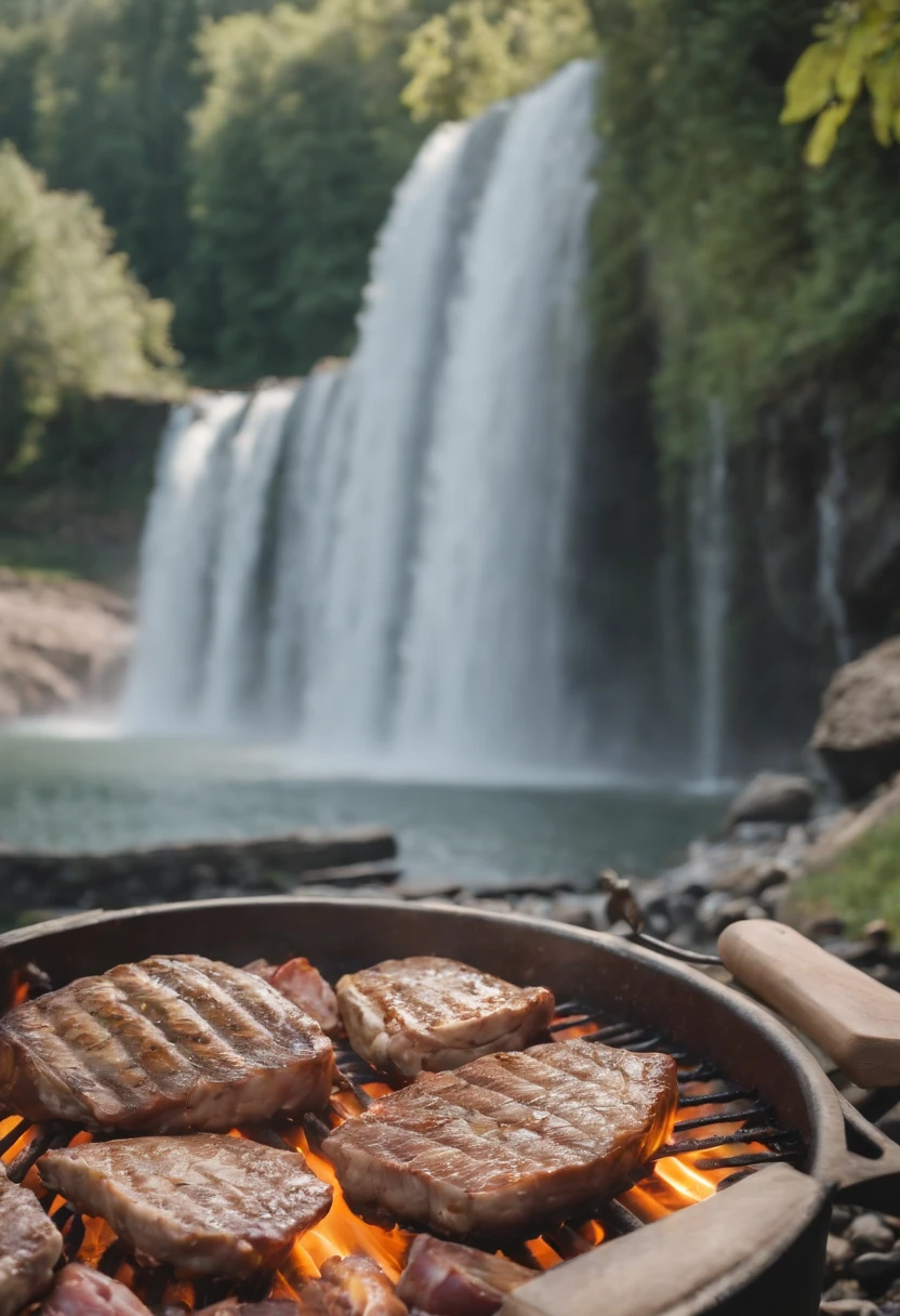survival outdoor Cooking meats next to the lake in front of the water fall