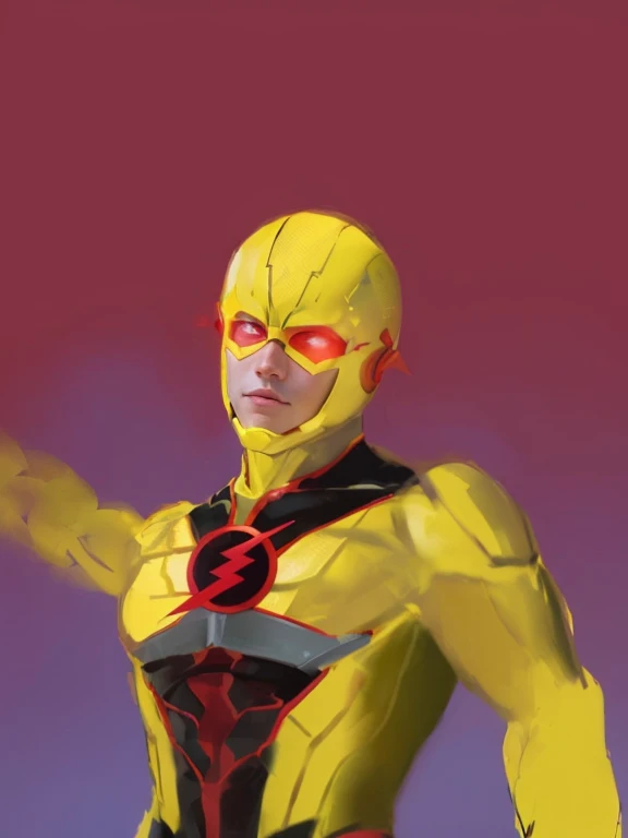 a close up of a man in a yellow costume with a red flash on his chest, yellow flash, flash, flash enabled, flashy flash elegant, no flash, speedster, flash image, the flash, flash on, overexposed flash, inspired by Stan Stokes, yellow lightning, drawn, inspired by Alex Ross, photo-shopped,give him a wing like fruit fly