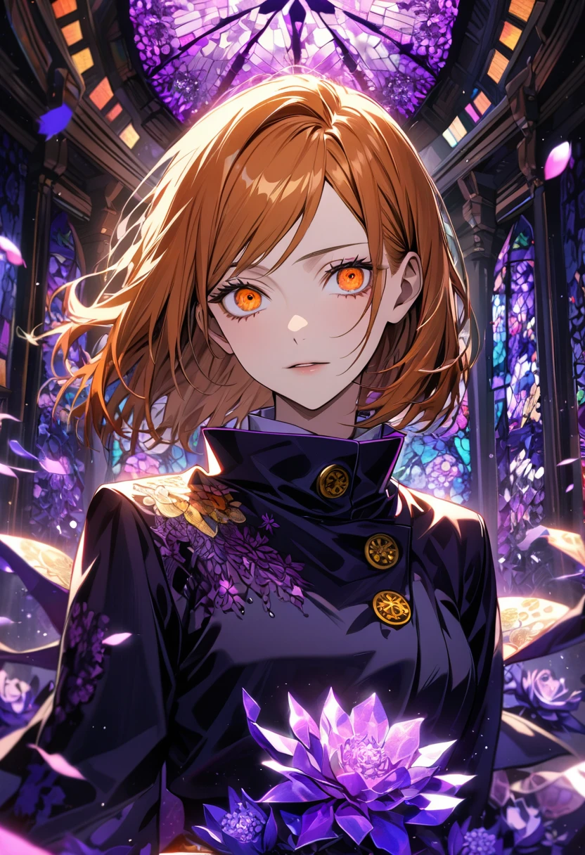 Ultra detailed, Highres, absurdres, HDR, Kugisaki Nobara, orange hair, master piece, expressive orange eyes, Jujutsu Kaisen, purple stained glass, purple ice flowers, purple ice, petals, extremely beautiful, woman, perfect face, solo, very detailed eyes and face, purple glass, glittering, extremely pretty, patterns,