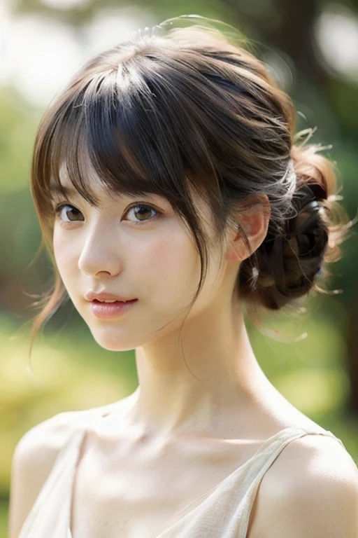 (ultra-detailed CG artwork), (photorealistic), (Japanese woman), (23 years old), (beautiful and cute appearance), 1girl, solo, portrait, gentle expression, friendly personality, hairstyle updo, bangs swept to the right, standing, soft natural lighting, serene background,
