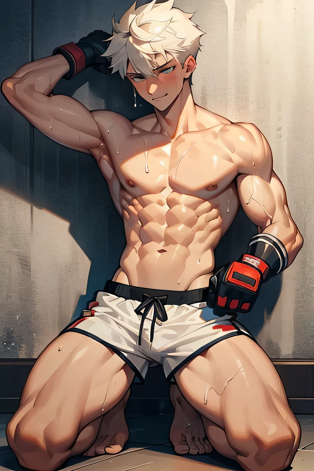 a shirtless tired smile 19-year old handsome caucasian male in faded haircut, mma gloves, white fighting shorts, cute, handsome face, six-pack abs, beautiful body, well-defined body, sweating profusely, dripping sweat, drenched with sweat, panting, exhausted, kneeling on the floor, hands behind head, on the wall