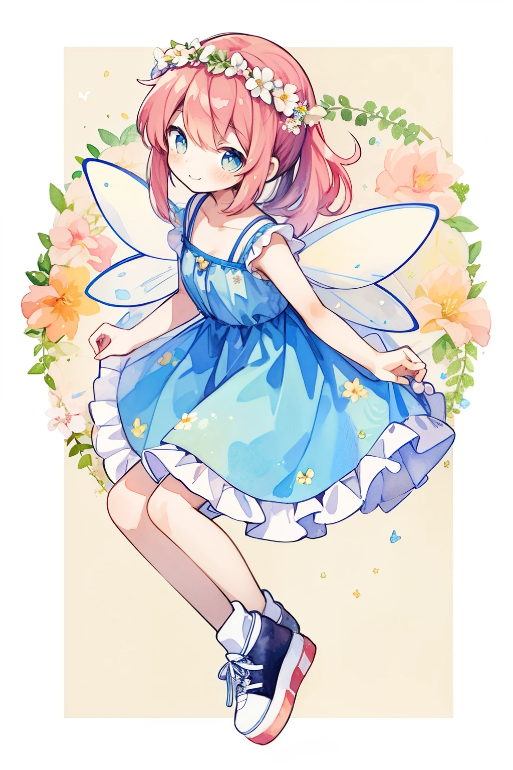 Pastel Watercolor、redhead, 1 girl, Four fairy wings on his back、summer👗、ハート型のsummer flowerwreath background:1.0、white, high ponytail、platform sneakers、smile、Up from the side