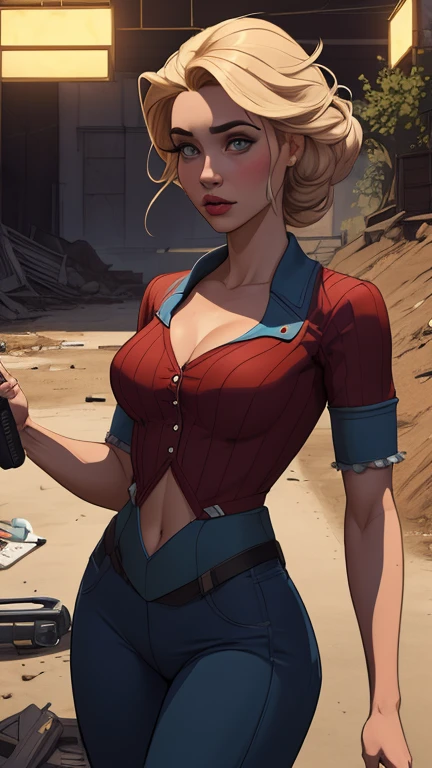 Personagem feminina armada com um .38 em estilo ocidental atompunk Fallout 4 Jennifer Connelly le com cicatrizes de guerra Imagem de desenho animado de uma mulher .Ilustra??o estilo desenho animado, estilo de arte dos desenhos animados, estilo de arte dos desenhos animados, digital illustration style, estilo atompunk design de personagens altamente detalhado, arte digital detalhada coragem, Forest fan art, Design de personagens de retrato, beautiful digital illustration, retrato de alta qualidade, Arte em quadrinhos, mulher jovem cabelo com transas lindas . Queen Anna of ArendelleBeautiful lined eyes Medium large bust and wonderful sexy clothes. image expression of sexual desire from waist to head illustration Queen Anne of Arendelle atompunk style Fallout 4 The perspective is from below, enfatizando a majestade e o poder da Gigante." armed with a 38 Western-style revolver with a 38 revolver in her hands