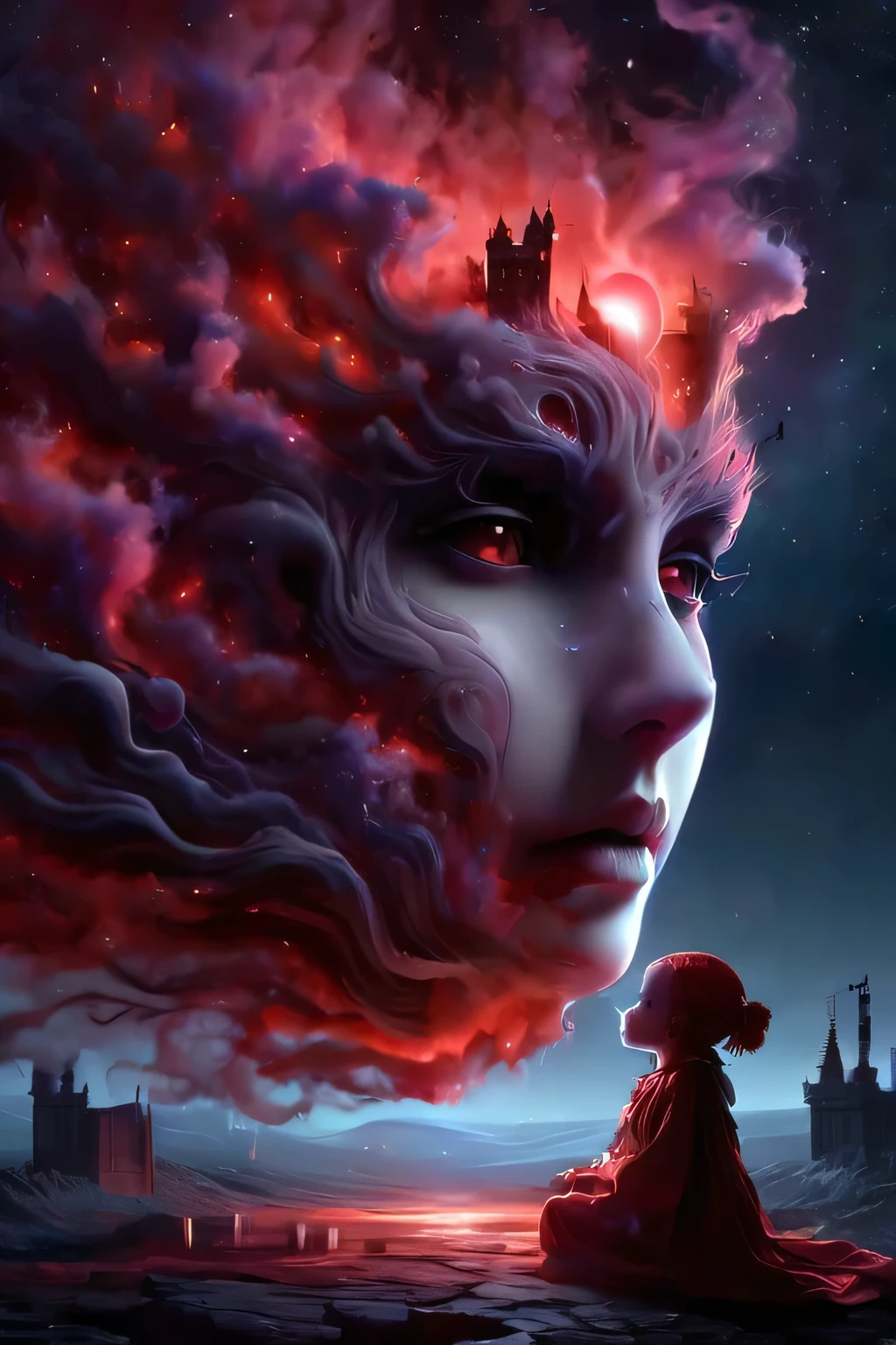 fantasy art 8k,masterpiece
pmmkr2024, magic, anime, cartoon, creature, best quality, trending on artstation, girl being born from the abyss of the shadows of the void,human face,two ghoulish nurses,souls I watch the birth of the baby moon,red clouds,night,shadows,abandoned castle,haunted castle