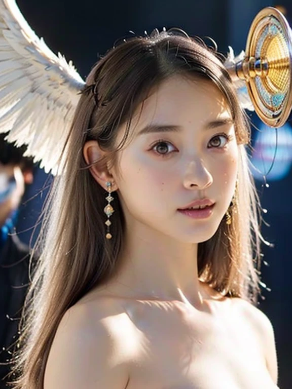 (watercolor:1.1),(Incredible detail, Texture and maximum detail), Doll-like girl with angel wings, Archangel, Angel Ring, Elven ears with many earrings, Look forward, nearly naked, Thin body, skinny, small胸, small , Princess Crown, Dragon Horn, Look up at the camera, (Without hands),(Highest quality real textured skin),(Faint sunshine),(Clamshell Catch Light:1.5),(Abysmal),(Are you okay, round, Symmetrical eyes),Delicate facial features,(Burning bright cold eyes), very slim and Thin body, naked, nude, (She has a mischievous smile),(Her face is kind and beautiful),Glass earrings in the ears,,(Blonde),(Silvery white hair),(Dramatic Photos:1.4),(Dramatic Pose),(Flashy photos), Upturned eyes, Upward glance, Cluttered picture,(Hair floating in the air:2.0),(Background vortices and currents),(Dramatic Light),(Nice views),(Surrounded by beautiful feathers),Spectacular realism,Cinematic feel,(High-density image review:1.5),(Soft colors:1.2),Super detailed,Dramatic Light,(Intricate details:1.1), Complex background, Sparkly Background, Fractal Background,naked,nude,