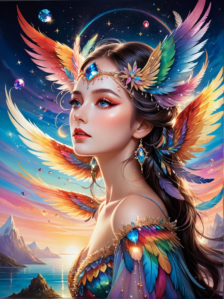 Dramatic depiction of a stunning beauty with glittering wings,Rainbow feathers. She flew over surrealism,Dusk sky,Leaving a trail of stardust behind. Her eyes sparkled with mystery and curiosity.. She is surrounded by floating islands that are not affected by gravity.,Each piece is decorated with bright colors,Floating crystal. Bold and fantastical colors,Create an otherworldly beauty. Use drone cameras to capture unique angles.,