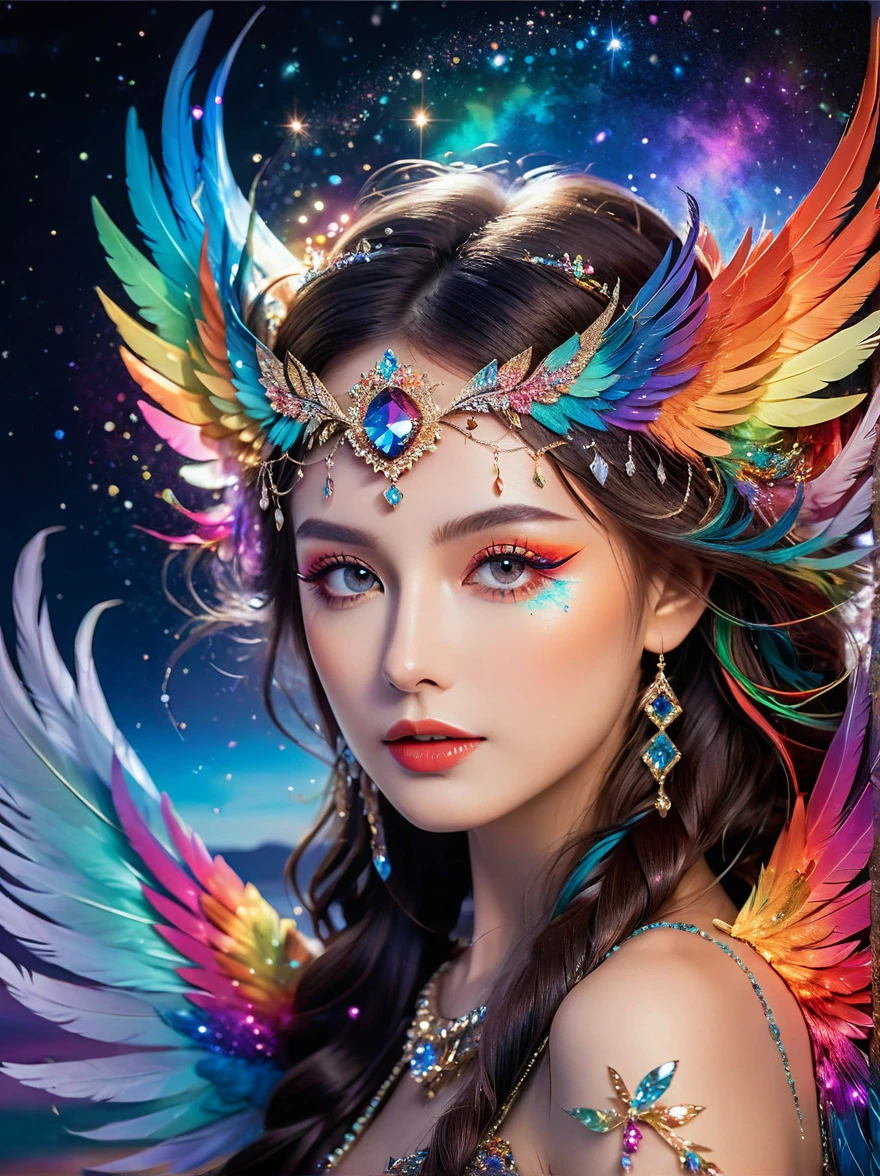 Dramatic depiction of a stunning beauty with glittering wings,Rainbow feathers. She flew over surrealism,Dusk sky,Leaving a trail of stardust behind. Her eyes sparkled with mystery and curiosity.. She is surrounded by floating islands that are not affected by gravity.,Each piece is decorated with bright colors,Floating crystal. Bold and fantastical colors,Create an otherworldly beauty. Use drone cameras to capture unique angles.,