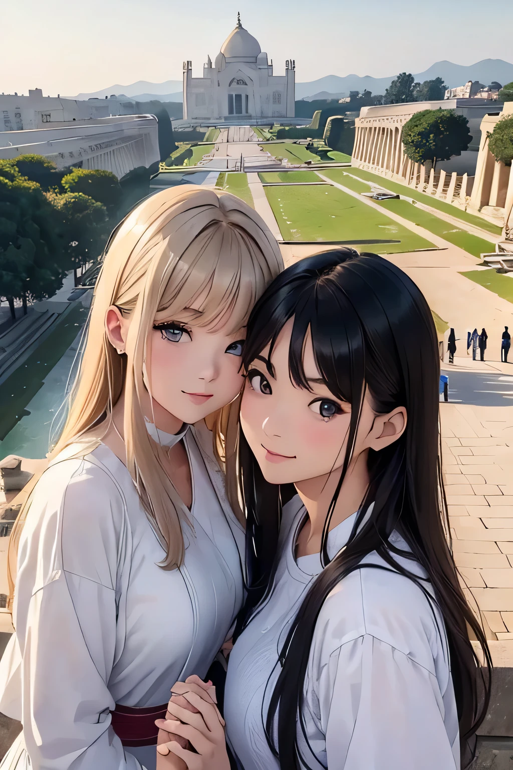 highest quality、High resolution、Detailed Background、(Beautiful face in every detail:1.4)、Anatomically correct、(Draw the usual number of fingers:1.2)、(Detailed facial expressions)、(Detailed eyes:1.2)、(Detailed eyes:1.2)、Beautiful, smooth skin、Beautiful women in their 20s、(Highly detailed face:1.4)、cute hair color、Braided long hair、Wavy Hairstyle、well-groomed eyebrows、cute eye makeup、Cute Lip Makeup、Perfect body line、In a joking manner、(Cute clothes with minimal exposure:1.2)、Cowboy Shot、
(Two beautiful women taking photos with a world heritage site and beautiful scenery in the background:1.5)、
The Parthenon is one of the most famous temples of Ancient Greece.、
The white marble buildings are beautiful and the views from the Acropolis are spectacular.、
Take a photo with the view from the top of the Acropolis hill in the background、
The Leaning Tower of Pisa is a famous tourist attraction in the city of Pisa, Italy.。
The tower itself is tilted, so you can take advantage of this to take photos with great poses and angles.、
The Taj Mahal is a world-famous white marble structure in Agra, India.、Take photos with the beautiful Taj Mahal as a backdrop, especially when lit up at night.、
Angkor Wat is an ancient Buddhist temple in Siem Reap, Cambodia。
Its beautiful stone buildings and natural scenery make it the perfect place for some stunning photos.。
Holding hands while watching the sunset、Especially when the couple is holding hands with the sunset in the background at the beach or on a mountain top.、
You can take photos of the two of you making cute poses and expressions to create special memories.、cute