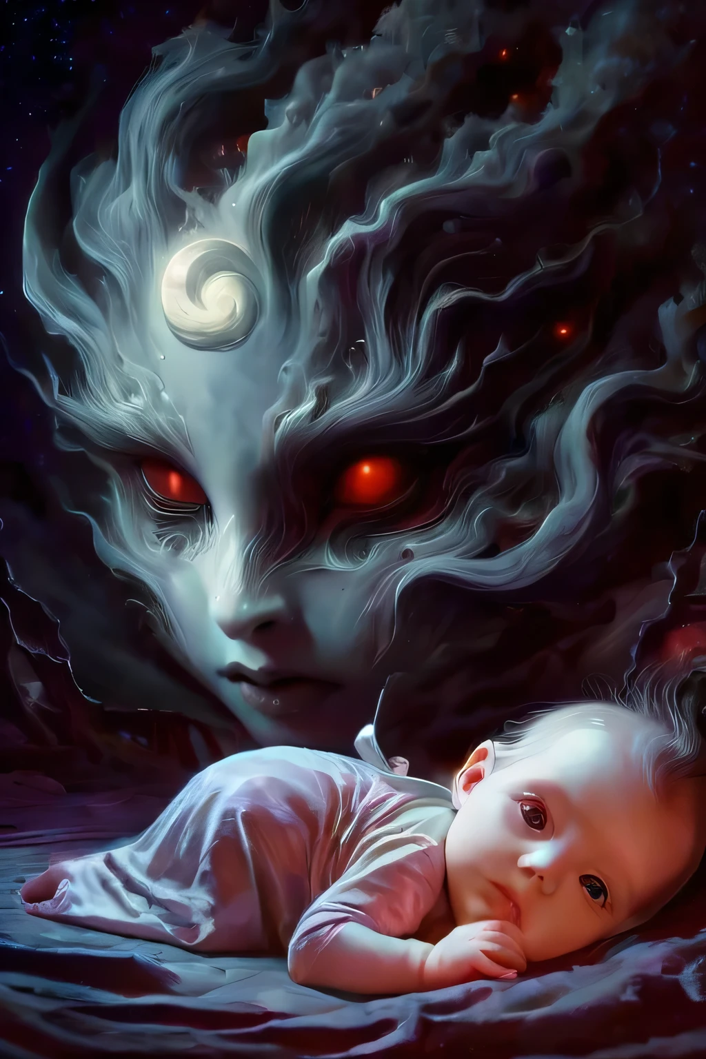 fantasy art 8k,masterpiece
pmmkr2024, magic, anime, cartoon, creature, best quality, trending on artstation, girl being born from the abyss of the shadows of the void,human face,two ghoulish nurses helping baby,souls I watch the birth of the baby moon,night,shadows,abandoned castle,haunted castle