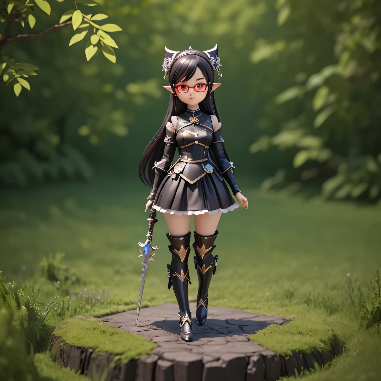 Cute boy  in black long suit hybrida armor，using dual black sword of red lighting, Step on the green lawn beneath your feet, mountain，Like a fairy，Extremely cute，with elf ears，glasses, full bodyesbian：2.1，Detailed rendering with 3D rendering techniques，Stylized representation of digital art。Render a cute 3D anime boy，Stylized presentation，A cute ceramic doll and a super detailed fantasy character appear at the same time，are rendered in stylized 3D renderings。Cute images of forest creatures and digital art will also appear，The background depicts the atmosphere of April