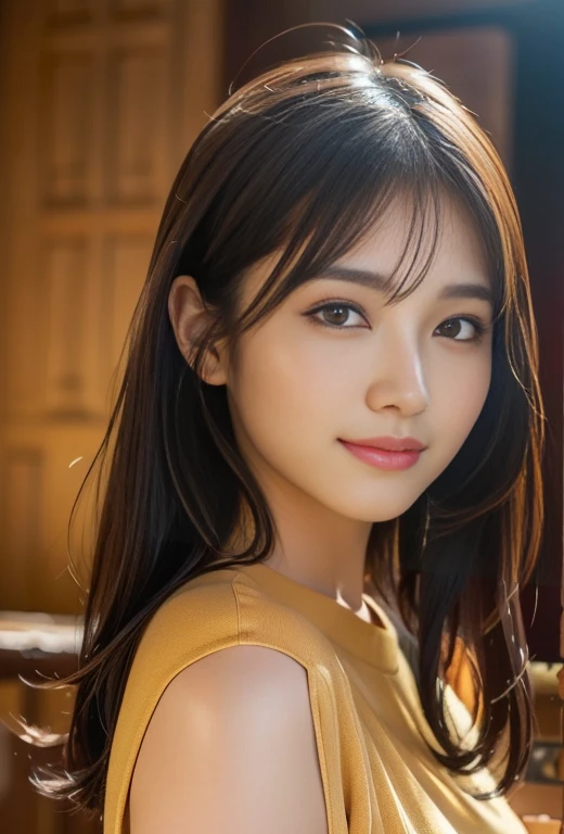 (highest quality:1.5)、(Realistic:1.5)、(1 person:1.5)、(Mid Shot:1.5)、Very detailed、High resolution、Small breasts、Natural color lips、Cute Smile、Cute Japanese Woman、20-year-old girl、Beautiful and elegant face、Perfect and beautiful face、Big eyes、Brunette's eyes、Beautiful and elegant face、Natural Bangs、Beautiful thin nose、Beautiful Skin、Chestnut Hair、Medium Bob Hair、Medium Hair、Natural Bangs、Perfect and beautiful face、Slim face and figure、(Looking at the camera)、Bright lighting、Professional Lighting、Forward lighting、Natural smile、Cute expression、