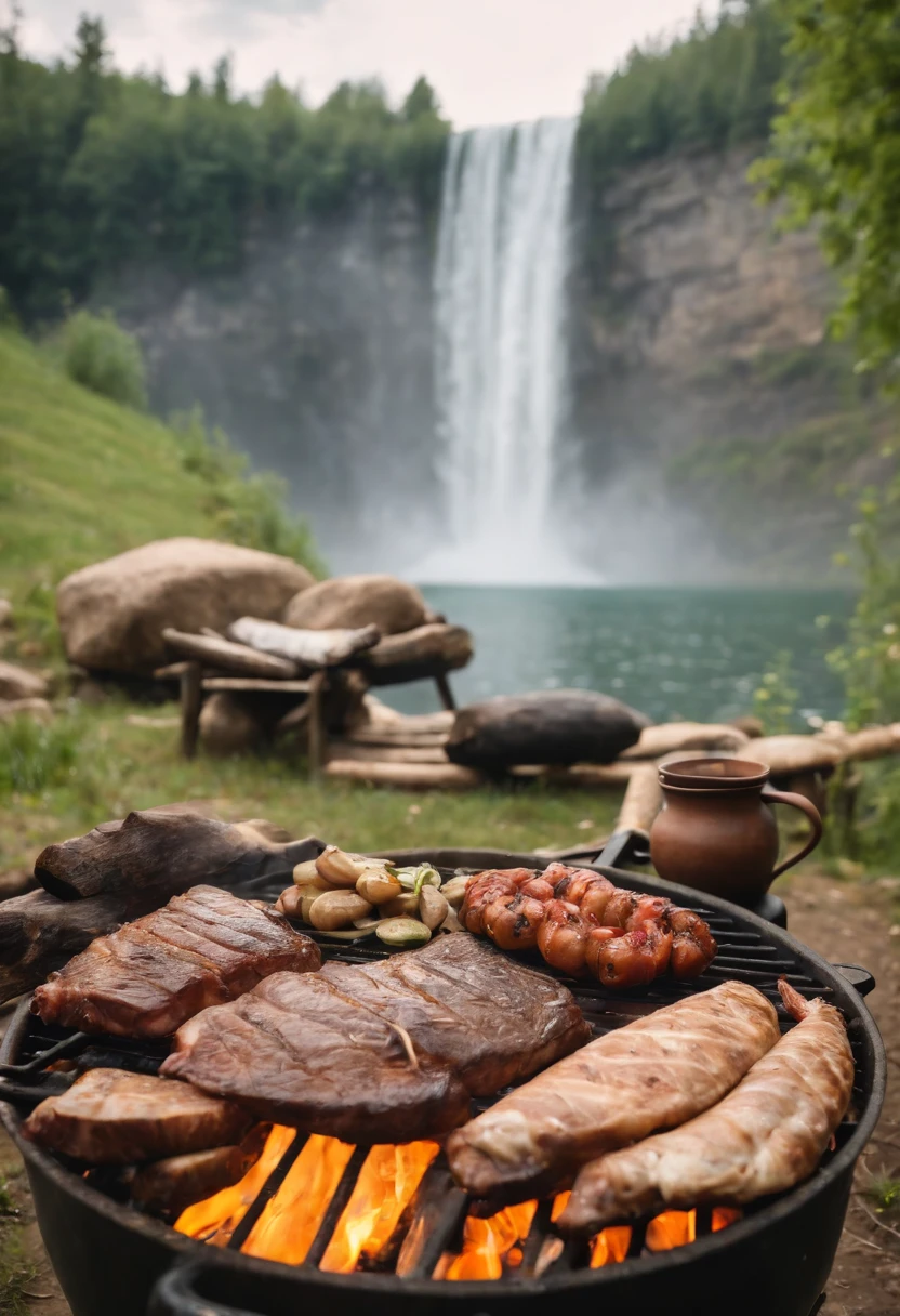 Tools and survival outdoor Cooking meats next to the lake in front of the water fall