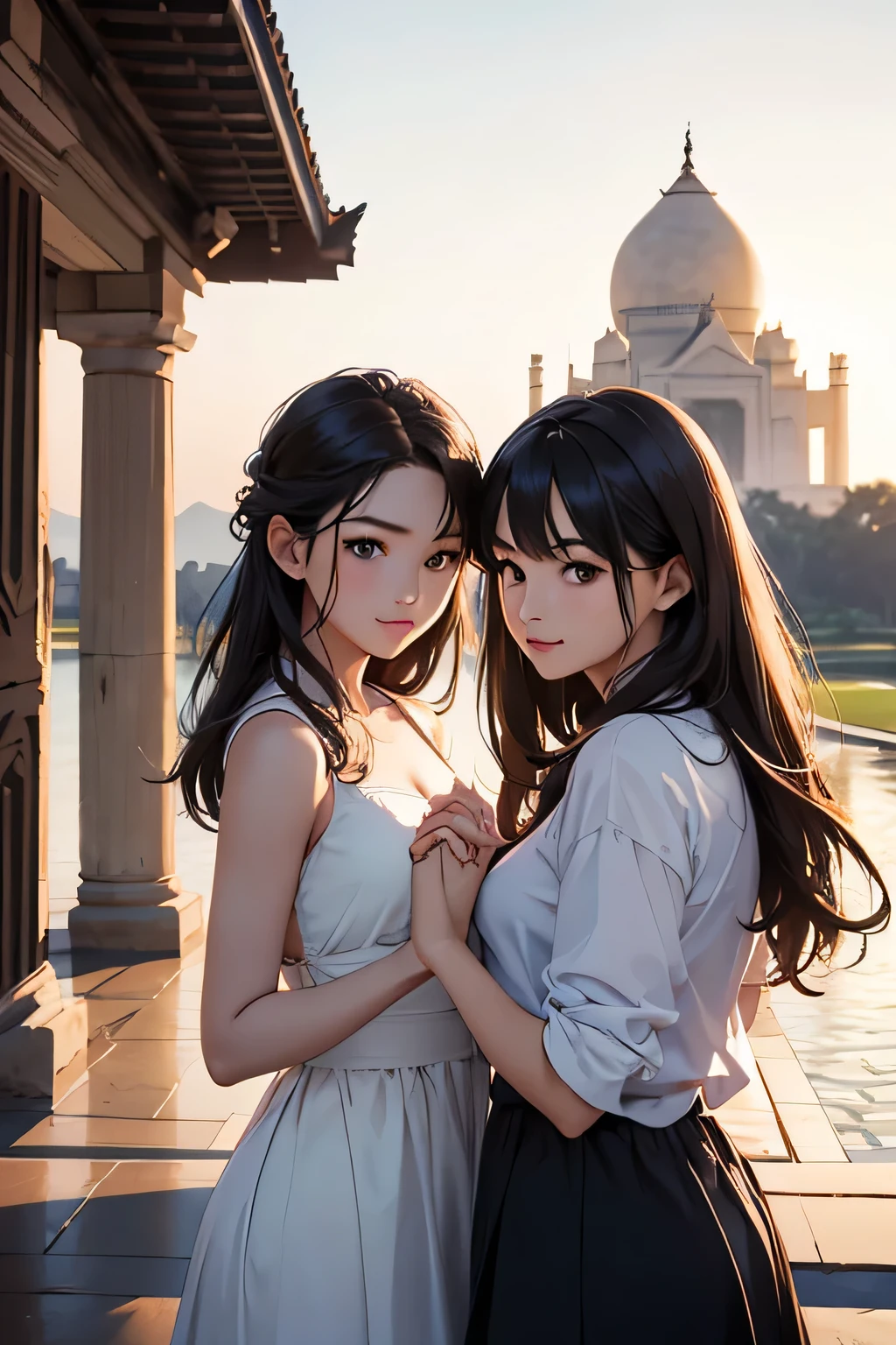 highest quality、High resolution、Detailed Background、(Beautiful face in every detail:1.4)、Anatomically correct、(Draw the usual number of fingers:1.2)、(Detailed facial expressions)、(Detailed eyes:1.2)、(Detailed eyes:1.2)、Beautiful, smooth skin、Beautiful women in their 20s、(Highly detailed face:1.4)、cute hair color、Braided long hair、Wavy Hairstyle、well-groomed eyebrows、cute eye makeup、Cute Lip Makeup、Perfect body line、In a joking manner、(Cute clothes with minimal exposure:1.2)、Cowboy Shot、
(Two beautiful women taking photos with a world heritage site and beautiful scenery in the background:1.5)、
The Parthenon is one of the most famous temples of Ancient Greece.、
The white marble buildings are beautiful and the views from the Acropolis are spectacular.、
Take a photo with the view from the top of the Acropolis hill in the background、
The Leaning Tower of Pisa is a famous tourist attraction in the city of Pisa, Italy.。
The tower itself is tilted, so you can take advantage of this to take photos with great poses and angles.、
The Taj Mahal is a world-famous white marble structure in Agra, India.、Take photos with the beautiful Taj Mahal as a backdrop, especially when lit up at night.、
Angkor Wat is an ancient Buddhist temple in Siem Reap, Cambodia。
Its beautiful stone buildings and natural scenery make it the perfect place for some stunning photos.。
Holding hands while watching the sunset、Especially when the couple is holding hands with the sunset in the background at the beach or on a mountain top.、
You can take photos of the two of you making cute poses and expressions to create special memories.、cute