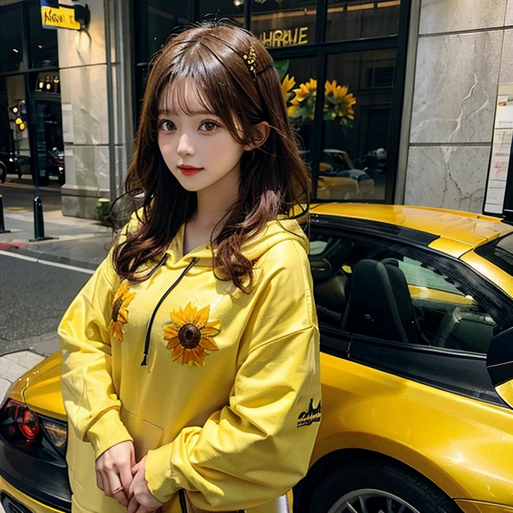 a woman wearing a sunflower hoodie on standing outside a sports car