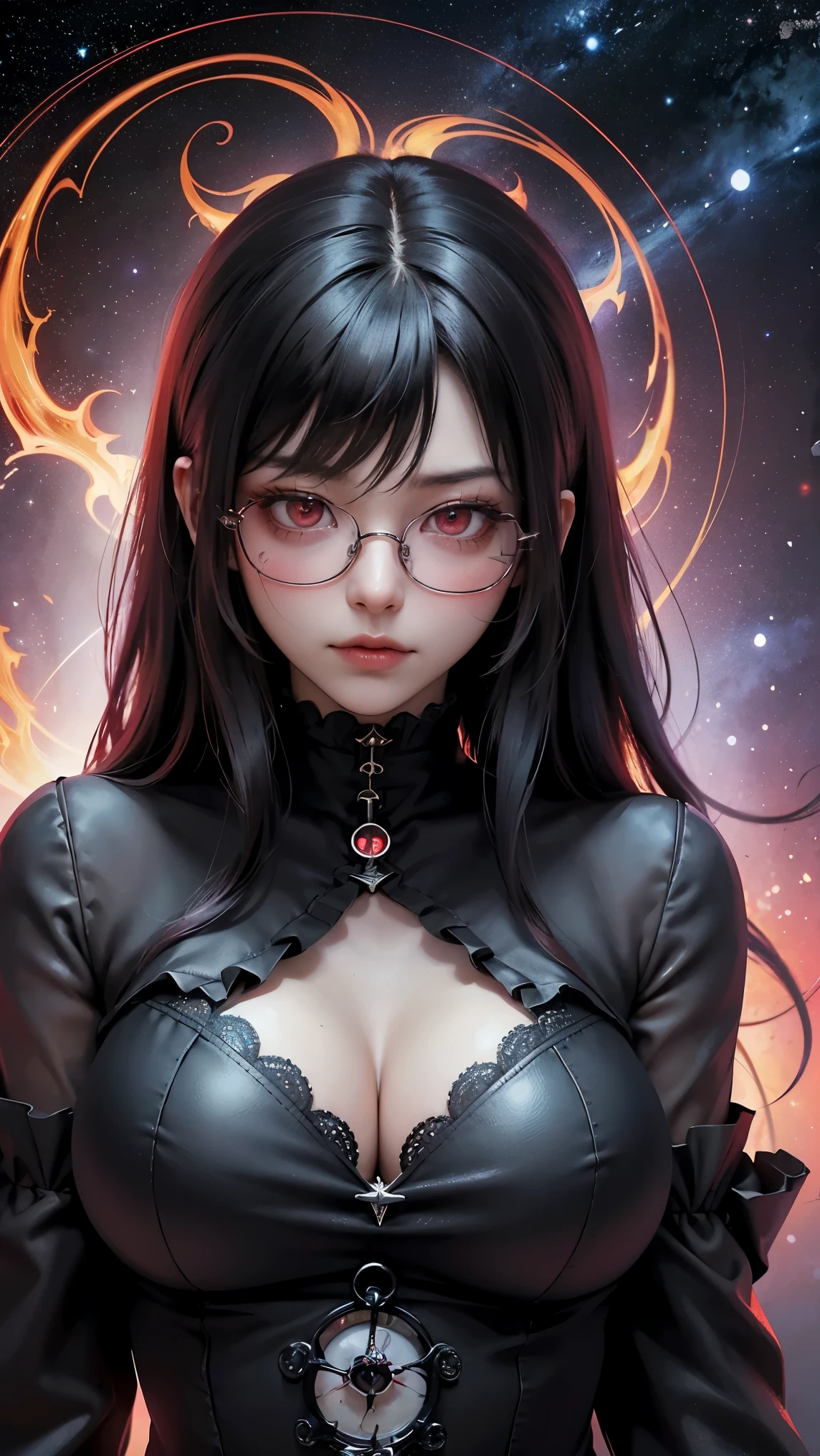 (highest quality,High resolution:1.2),(dark,Threatening:1.1),(Bad luckな:1.1), In the vortex of space,
Heart of a Goth Maiden, Very dark shade.
Her Eyes, Like dazzling fur in a starless haze,
A symphony of despair in their eyes.
Her Mogul Snaps, Mysterious Cemetery,
Think about it, The source of her sadness.
With her black hair swaying in the moonlight,
She weaves despair into her dreams.
oh, Her Soul, Shadow&#39;Embrace,
Take me to space.
At each step of the Kelhudelgoring, She summons darkness,
Dance of the Void, Whippler Big Spark.
Her touch is an icy caress of the void,
In her vague existence, I am left confused.
For Love, Bumblewisk, Cosmic Power,
Stars shining in the endless night.
Confusion swirls, Let the emptiness cry out,
Our love is a dazzling dream in the universe.
Gothic Witch of the entire star world,
In your void, I find my soul.
Hypermaximalist, Anime Style, Breathtaking oil paintings, Surreal, Ultra-realistic digital illustrations that mimic the style of oil paintings, Seamlessly blends the psychedelic visionary art of Alex Grey with the biomechanical aesthetic of H.R. Giger. Great composition, masterpiece, highest quality, (devil,Satan,Lucifer:1.1),(devilish:1.1),(Bad luck,Bad luckな:1.1),(Powerful figure:1.1、Big Breasts、Glasses) 、 ((((Huge glasses, Nerd Glasses, thick glasses, Round Glasses)))),(((Big Breasts)))、(Red eyes glow:1.6)、(Red glowing eyes,Sharp teeth:1.1),(Black wings,thick,shabby:1.1),(hellish landscape:1.1),(fire,sulfur:1.1),(Threatening atmosphere:1.1),(dark shadows,Threatening presence:1.1),(Bad luck clouds,Stormy Skies:1.1),(dark,Spooky atmosphere:1.1),(Bad luck aura,Evil energy:1.1),(dark aura,cigarette:1.1),(intense heat,Burning Flames:1.1),(Surreal,Nightmare Visions:1.1),(Predicting the end:1.1),(Twisted corners,Fiery crown:1.1),(Bad luck whispers,devilish laughter:1.1),(Cry of pain,echoing screams:1.1),(Bad luck symbols,Ancient runes:1.1),(Mysterious Relic,dark artifacts:1.1),(Infernal Ritual,Ritual sacrifice:1.1),(devilish minio