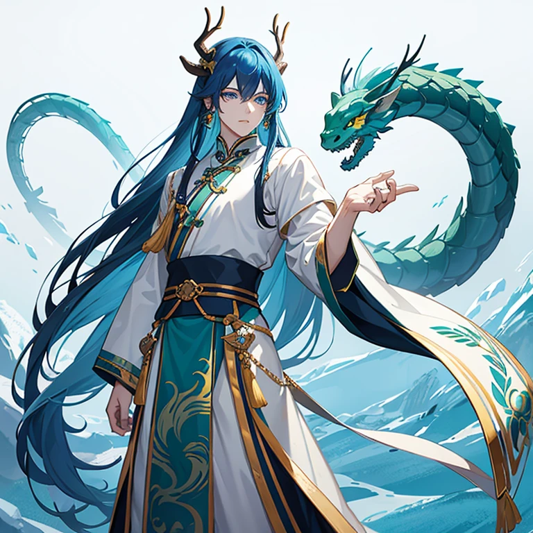 Tall manly young man, pale complexion, long loose blue hair, azure blue eyes, green deer horns, green and blue ancient traditional Chinese costume with jewels, aquatic dragon tail