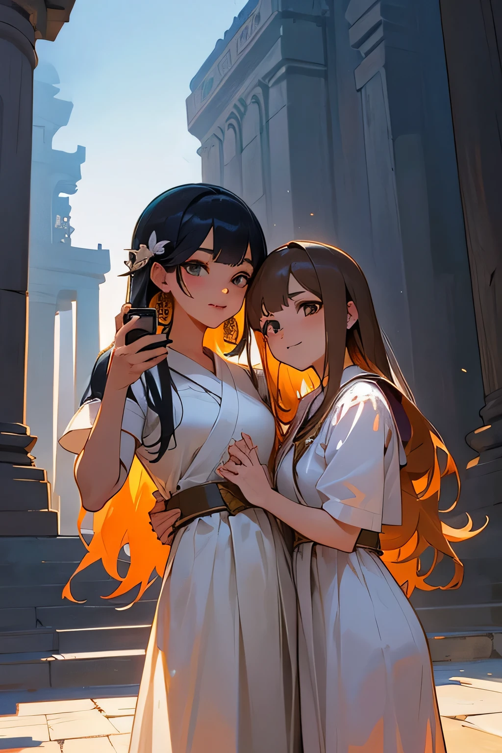 highest quality、High resolution、Detailed Background、(Beautiful face in every detail:1.4)、Anatomically correct、(Draw the usual number of fingers:1.2)、(Detailed facial expressions)、(Detailed eyes:1.2)、(Detailed eyes:1.2)、Beautiful, smooth skin、Beautiful women in their 20s、(Highly detailed face:1.4)、cute hair color、Braided long hair、Wavy Hairstyle、well-groomed eyebrows、cute eye makeup、Cute Lip Makeup、Perfect body line、In a joking manner、(Cute clothes with minimal exposure:1.2)、Cowboy Shot、
(Two beautiful women taking photos with a world heritage site and beautiful scenery in the background:1.5)、
The Parthenon is one of the most famous temples of Ancient Greece.、
The white marble buildings are beautiful and the views from the Acropolis are spectacular.、
Take a photo with the view from the top of the Acropolis hill in the background、
The Leaning Tower of Pisa is a famous tourist attraction in the city of Pisa, Italy.。
The tower itself is tilted, so you can take advantage of this to take photos with great poses and angles.、
The Taj Mahal is a world-famous white marble structure in Agra, India.、Take photos with the beautiful Taj Mahal as a backdrop, especially when lit up at night.、
Angkor Wat is an ancient Buddhist temple in Siem Reap, Cambodia。
Its beautiful stone buildings and natural scenery make it the perfect place for some stunning photos.。
Holding hands while watching the sunset、Especially when the couple is holding hands with the sunset in the background at the beach or on a mountain top.、
You can take photos of the two of you making cute poses and expressions to create special memories.、cute