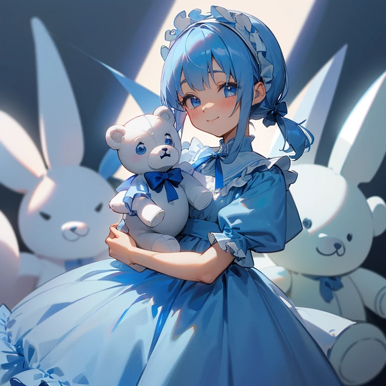 (A  holding a small white teddy bear), human, 5 years old, Blue Hair, Less hair volume, Short pigtails, Blue Eyes, (Blue headband), (Blue frilly long dress), Blue ribbon, (白色の熊のcuteぬいぐるみ), cute, smile, Lady, Front Light