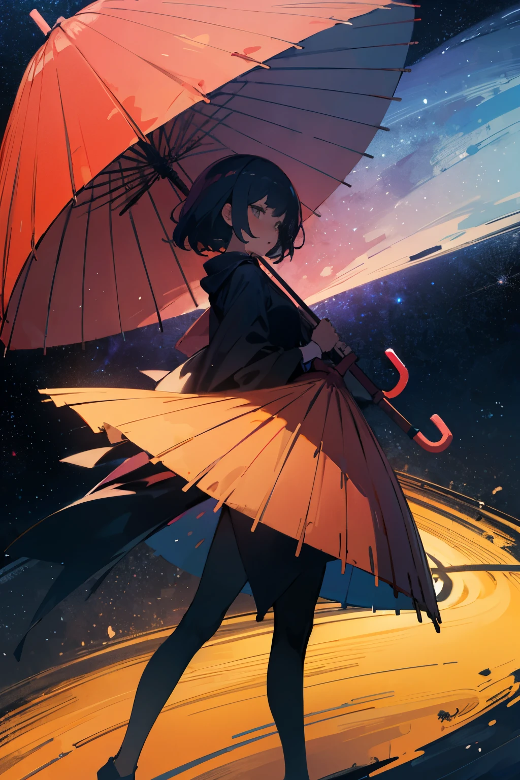 On a galaxy background a silhouette of a woman holds an umbrella