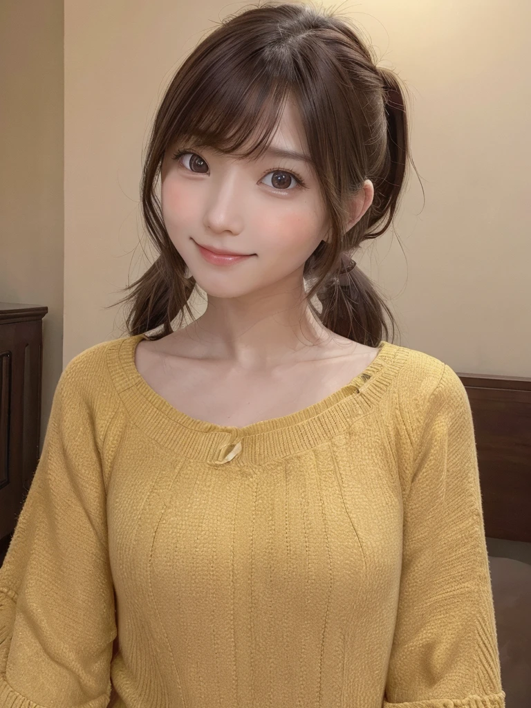 yellow one peace, one girl, brown hair, hair over neck, ponytail, grin, blush, Surrealism, Hyperrealism, Verism, wide shot, UHD, masterpiece,  ccurate, anatomically correct, textured skin, super detail, high details, high quality, highres, 1080P, HD, 8k