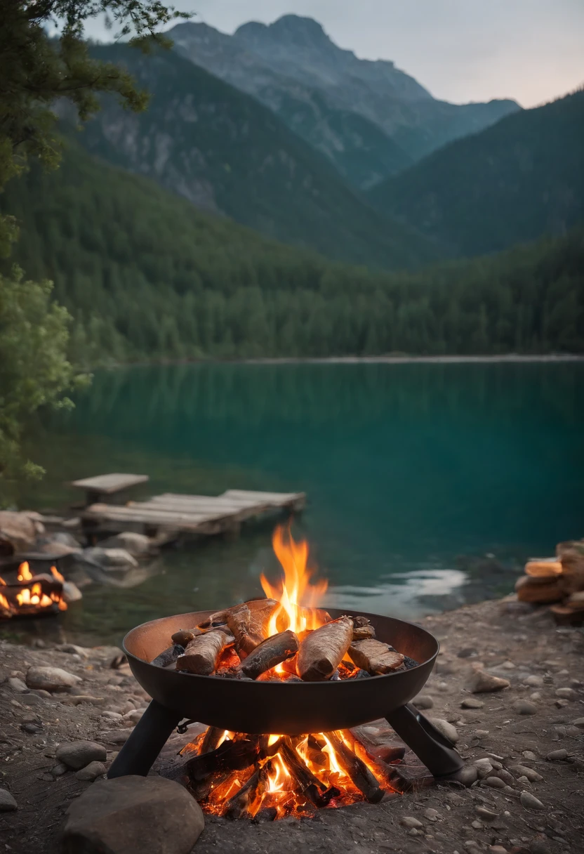 (best quality,4k,8k,highres,masterpiece:1.2),ultra-detailed,(realistic,photorealistic,photo-realistic:1.37),tools,survival,outdoor cooking,outdoor scenes,lake,waterfall,meats,fire pit,cooking utensils,wood fire,smoke,cast iron skillet,grill,seasoned meat,vegetables,marinade,breathtaking view,fresh air,nature vibes,delicious aroma,warm sunlight,serene ambiance,adventure,exploration,camping,campfire,backpacking,wilderness,lush greenery,lakeside,reflection of the sky,mountain range,trees,sun rays,crystal-clear water,rocks,flames flickering,evening,peaceful atmosphere