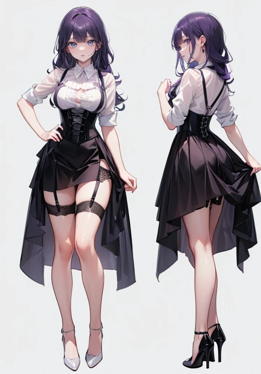 Purple Hair,Long Hair,Adult female,bartender,((Body Harness)),((Rolling up your sleevesＹshirt)),(corset),mini skirt(Short skirt),((garter belt)),High heels,((Simple Background)),smile,((Full Body)),((full body)),((whole body)),Character Sheet,