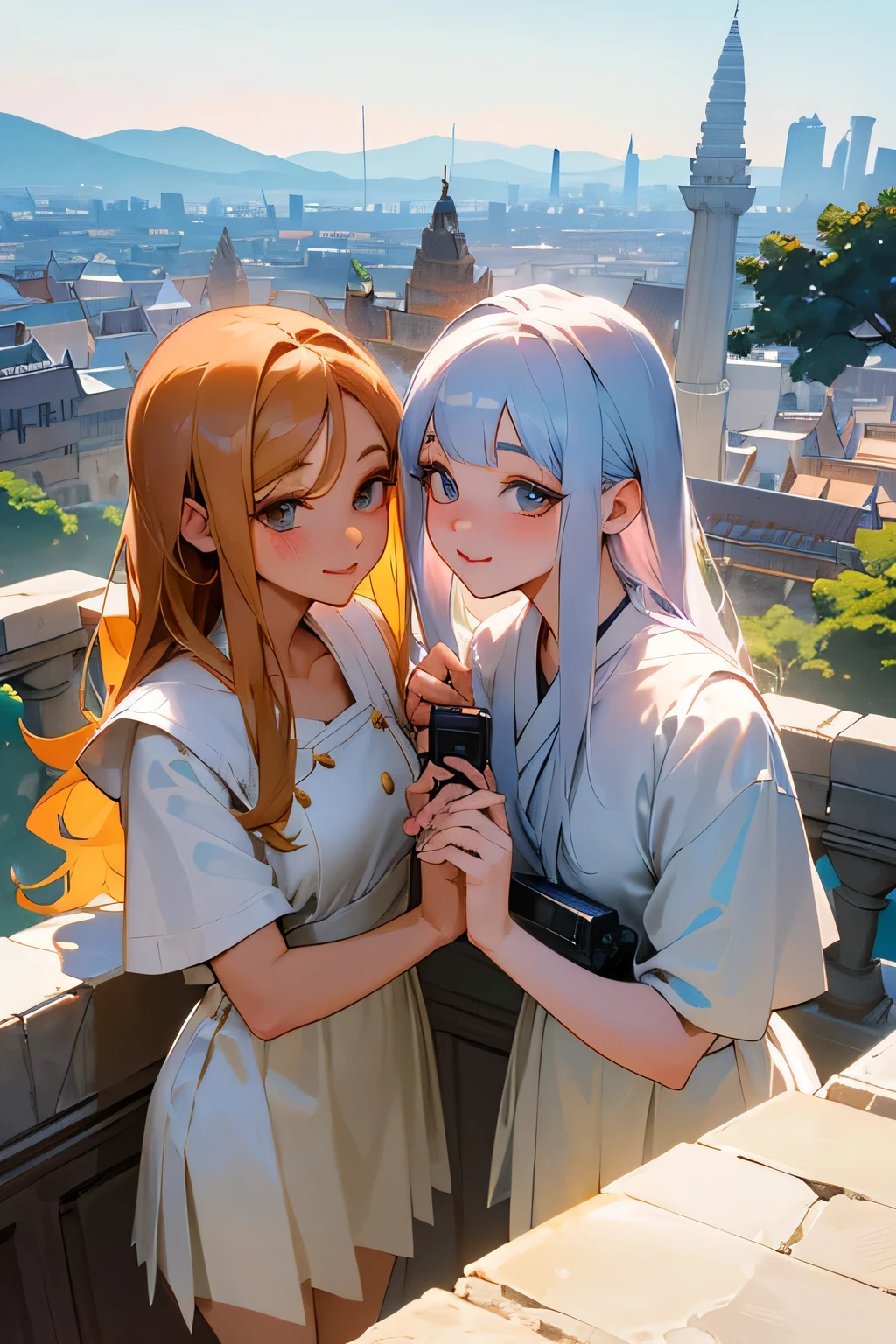 highest quality、High resolution、Detailed Background、(Beautiful face in every detail:1.4)、Anatomically correct、(Draw the usual number of fingers:1.2)、(Detailed facial expressions)、(Detailed eyes:1.2)、(Detailed eyes:1.2)、Beautiful, smooth skin、Beautiful women in their 20s、(Highly detailed face:1.4)、cute hair color、Braided long hair、Wavy Hairstyle、well-groomed eyebrows、cute eye makeup、Cute Lip Makeup、Perfect body line、In a joking manner、(Cute clothes with minimal exposure:1.2)、Cowboy Shot、

(Two beautiful women taking photos with a world heritage site and beautiful scenery in the background:1.5)、

The Parthenon is one of the most famous temples of Ancient Greece.、
The white marble buildings are beautiful and the views from the Acropolis are spectacular.、
Take a photo with the view from the top of the Acropolis hill in the background、

The Leaning Tower of Pisa is a famous tourist attraction in the city of Pisa, Italy.。
The tower itself is tilted, so you can take advantage of this to take photos with great poses and angles.、

The Taj Mahal is a world-famous white marble structure in Agra, India.、Take photos with the beautiful Taj Mahal as a backdrop, especially when lit up at night.、

Angkor Wat is an ancient Buddhist temple in Siem Reap, Cambodia。
Its beautiful stone buildings and natural scenery make it the perfect place for some stunning photos.。

Holding hands while watching the sunset、Especially when the couple is holding hands with the sunset in the background at the beach or on a mountain top.、
You can take photos of the two of you making cute poses and expressions to create special memories.、cute