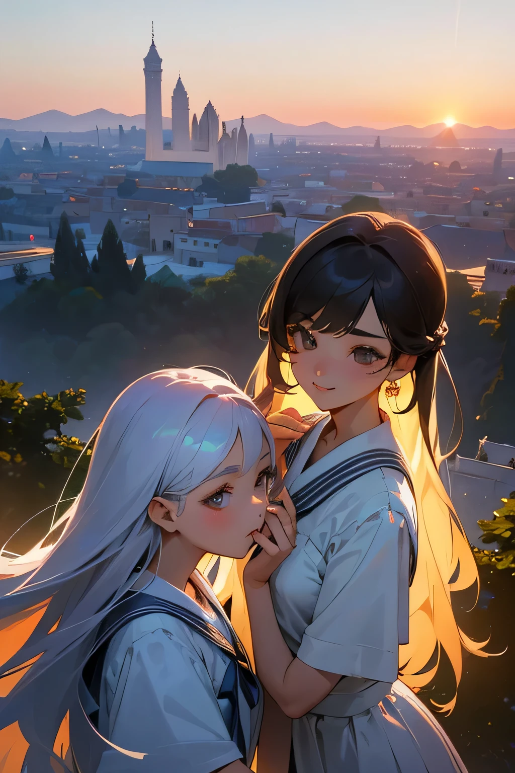 highest quality、High resolution、Detailed Background、(Beautiful face in every detail:1.4)、Anatomically correct、(Draw the usual number of fingers:1.2)、(Detailed facial expressions)、(Detailed eyes:1.2)、(Detailed eyes:1.2)、Beautiful, smooth skin、Beautiful women in their 20s、(Highly detailed face:1.4)、cute hair color、Braided long hair、Wavy Hairstyle、well-groomed eyebrows、cute eye makeup、Cute Lip Makeup、Perfect body line、In a joking manner、(Cute clothes with minimal exposure:1.2)、Cowboy Shot、

(Two beautiful women taking photos with a world heritage site and beautiful scenery in the background:1.5)、

The Parthenon is one of the most famous temples of Ancient Greece.、
The white marble buildings are beautiful and the views from the Acropolis are spectacular.、
Take a photo with the view from the top of the Acropolis hill in the background、

The Leaning Tower of Pisa is a famous tourist attraction in the city of Pisa, Italy.。
The tower itself is tilted, so you can take advantage of this to take photos with great poses and angles.、

The Taj Mahal is a world-famous white marble structure in Agra, India.、Take photos with the beautiful Taj Mahal as a backdrop, especially when lit up at night.、

Angkor Wat is an ancient Buddhist temple in Siem Reap, Cambodia。
Its beautiful stone buildings and natural scenery make it the perfect place for some stunning photos.。

Holding hands while watching the sunset、Especially when the couple is holding hands with the sunset in the background at the beach or on a mountain top.、
You can take photos of the two of you making cute poses and expressions to create special memories.、cute