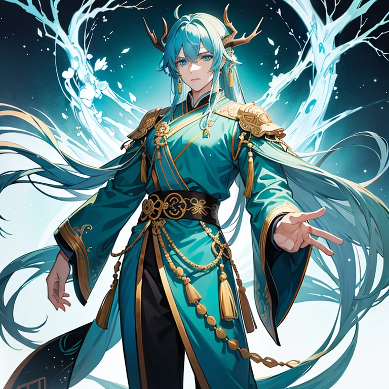 Tall manly young man, pale complexion, long loose blue hair, azure blue eyes, green deer horns, green and blue ancient traditional Chinese costume with jewels, aquatic dragon tail
