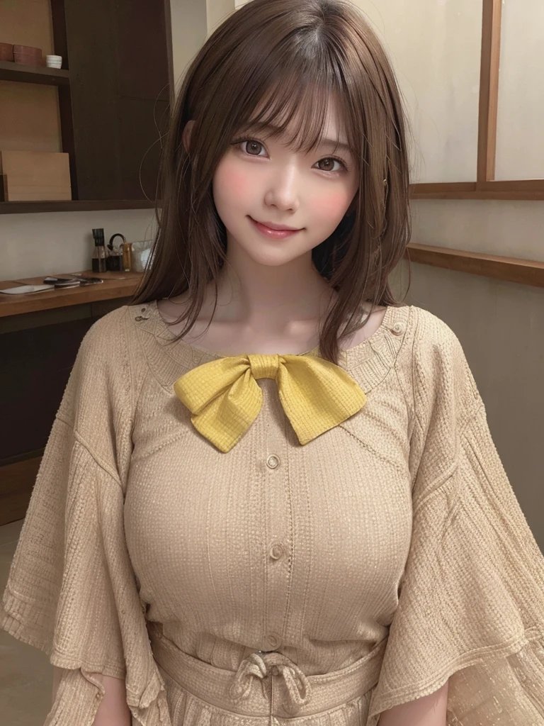 yellow one peace, one girl, brown hair, hair over neck, grin, blush, Surrealism, Hyperrealism, Verism, wide shot, UHD, masterpiece, ccurate, anatomically correct, textured skin, super detail, high details, high quality, highres, 1080P, HD, 8k