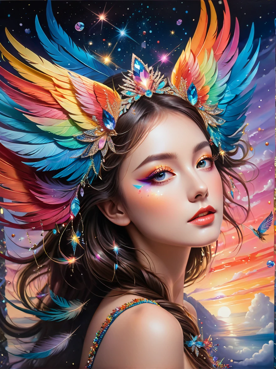 Dramatic depiction of a stunning beauty with glittering wings，Rainbow feathers，She flew over surrealism，Dusk sky，Leaving a trail of stardust behind，Her eyes sparkled with mystery and curiosity.，She is surrounded by floating islands that are not affected by gravity.，Each piece is decorated with brightly colored floating crystals.，Bold and fantastical colors，Create an otherworldly beauty，Use drone cameras to capture unique angles