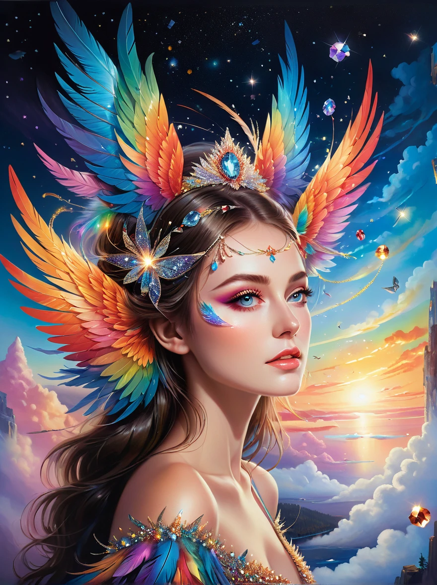 Dramatic depiction of a stunning beauty with glittering wings，Rainbow feathers，She flew over surrealism，Dusk sky，Leaving a trail of stardust behind，Her eyes sparkled with mystery and curiosity.，She is surrounded by floating islands that are not affected by gravity.，Each piece is decorated with brightly colored floating crystals.，Bold and fantastical colors，Create an otherworldly beauty，Use drone cameras to capture unique angles