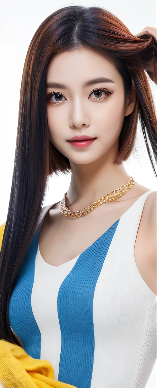 Gray hair, blue color eyes, Red eyeshadow, ssmile, slightly red face, Feminine expression, The delicate face shape is perfectly described, Eye-shaped necklace, dress in yellow, Black socks, white long gloves, high-heels, Show off your pride, Best photo quality, 16K High Resolution, Colored inner hair, Inner dyeing asymmetrical hairstyleAsymmetrical hairstyle, Side drill single-sided drill bit roll, hyper HDGray hair, blue color eyes, Red eyeshadow, ssmile, slightly red face, Feminine expression, The delicate face shape is perfectly described, Eye-shaped necklace, dress in yellow, Black socks, white long gloves, high-heels, Show off your pride, Best photo quality, 16K High Resolution, Colored inner hair, Inner dyeing asymmetrical hairstyleAsymmetrical hairstyle, Side drill single-sided drill bit roll, hyper HD