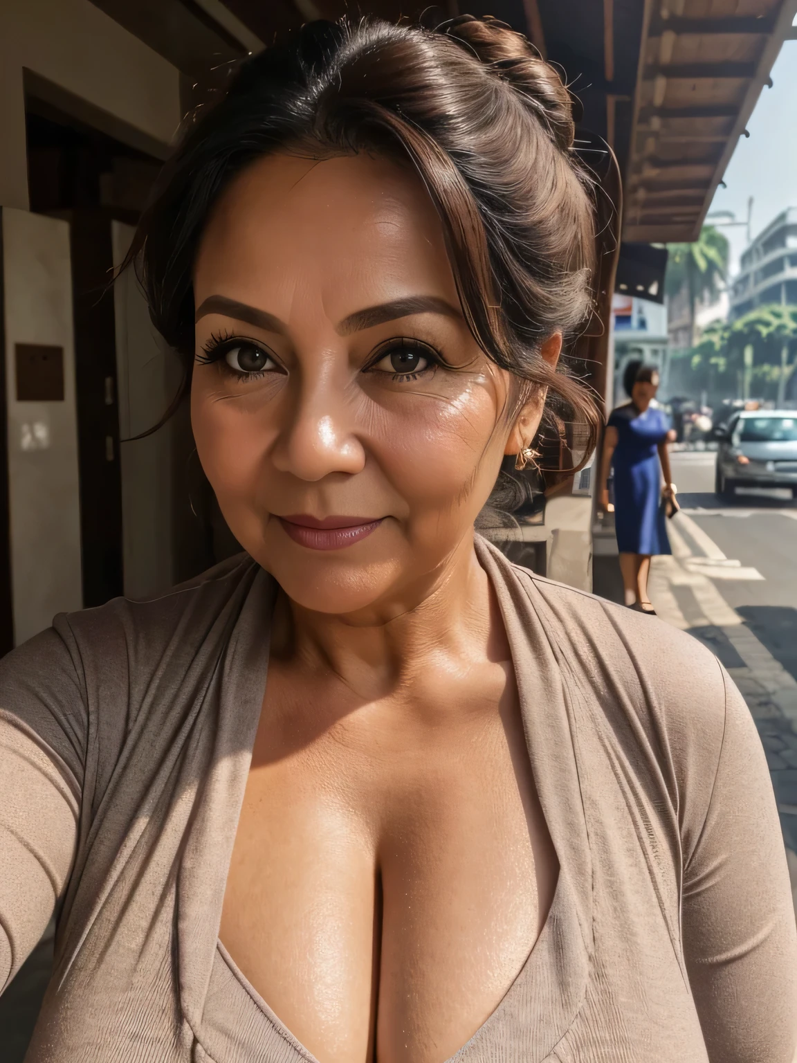 (Realistic) (selfie potrait) 52 Years old mature woman, sexy curvy, (sexy chubby body shape), Big : 34.9, (beauty natural makeup), gorgeus, soft smile looking at camera, long dark bun messy hair ,Brown eyes, (A little of wrinkles on her face:1.2), (There a little wrinkles on her chest1.2),Old Woman, Detailed wrinkles, (Breast about To burst out from her clothes, little cleavage), (Old Woman in Jakarta), Daylight, dynamic background, professional photography with excellent lighting
