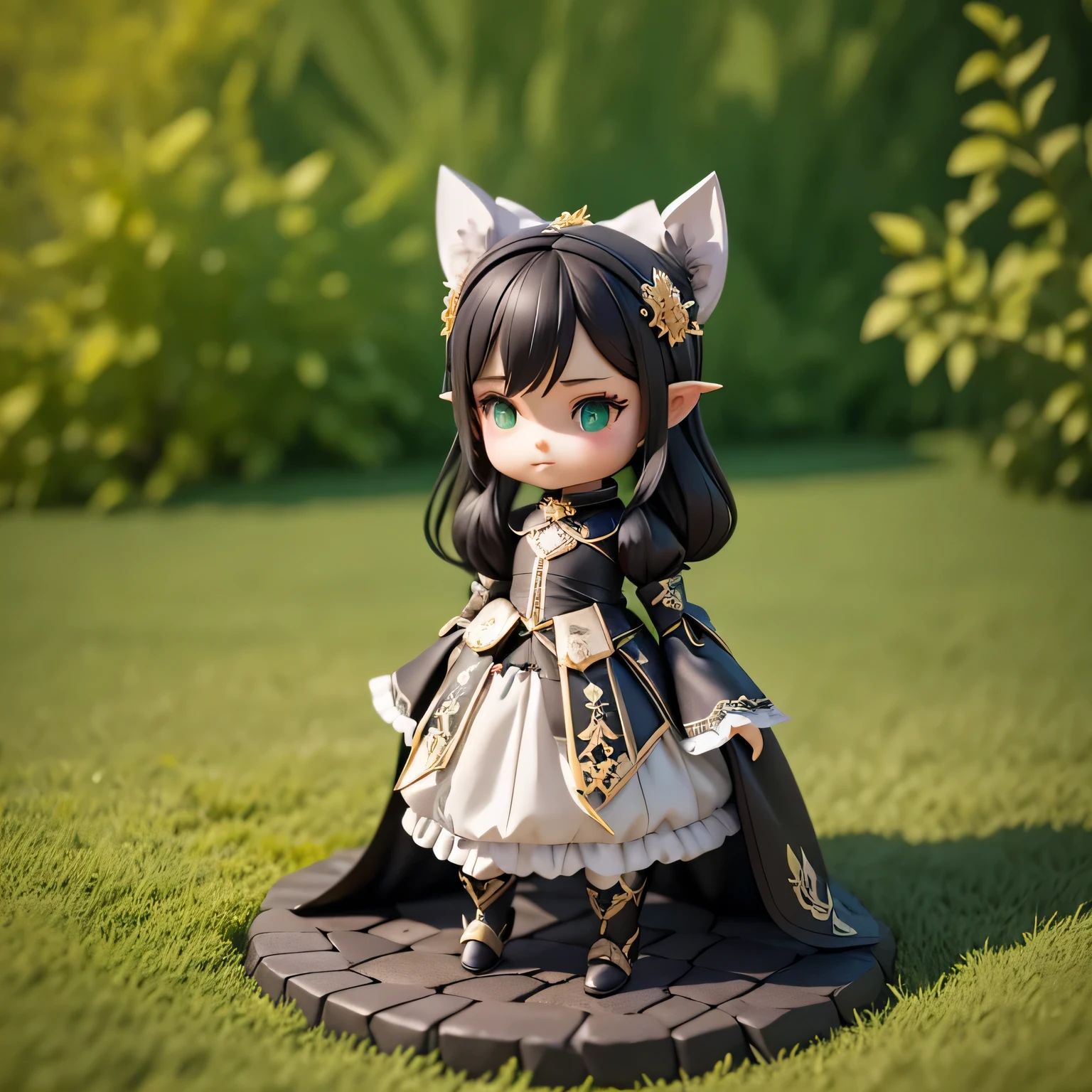 Cute boy in black long suit hybrida armor,using dual black bow, Step on the green lawn beneath your feet, mountain,Like a fairy,Extremely cute,with elf ears, full bodyesbian:2.1,Detailed rendering with 3D rendering techniques,Stylized representation of digital art。Render a cute 3D anime boy,Stylized presentation,A cute ceramic doll and a super detailed fantasy character appear at the same time,are rendered in stylized 3D renderings。Cute images of forest creatures and digital art will also appear,The background depicts the atmosphere of April