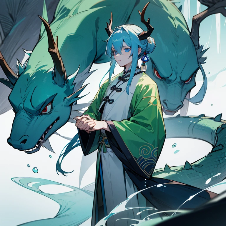 Tall manly young man, pale complexion, long loose blue hair, azure blue eyes, green deer horns, green and blue ancient traditional Chinese costume with jewels, aquatic dragon tail