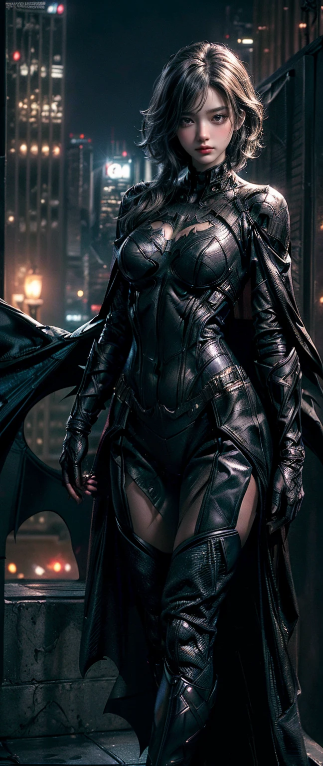 ((Masterpiece, Top Quality, High Resolution, Photorealistic, Raw, 8K wallpaper)), (huge stunning goddess shot, very hot and sexy, jaw dropping beauty, perfect proportions, beautiful body, slim body beauty: 1.4), batman standing on Rooftop overlooking city skyline at night, gotham city background, nighttime in gotham city, gotham city, from movie batman, gotham city double exposure, gotham city style, film still of batman, metropolis filmic gotham city, cyberpunk batman, still image from batman movie, in batman movie still cinematic, gotham setting, the batman, gotham, 