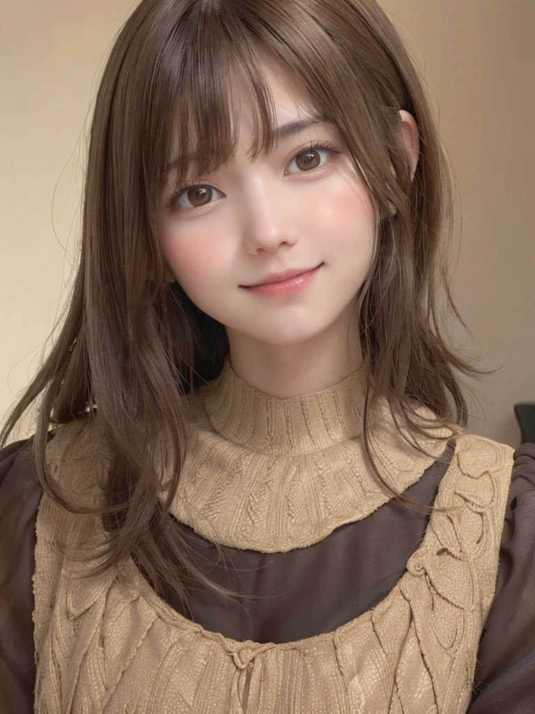 yellow one peace, one girl, brown hair, hair over neck, grin, blush, Surrealism, Hyperrealism, Verism, wide shot, UHD, masterpiece, ccurate, anatomically correct, textured skin, super detail, high details, high quality, highres, 1080P, HD, 8k