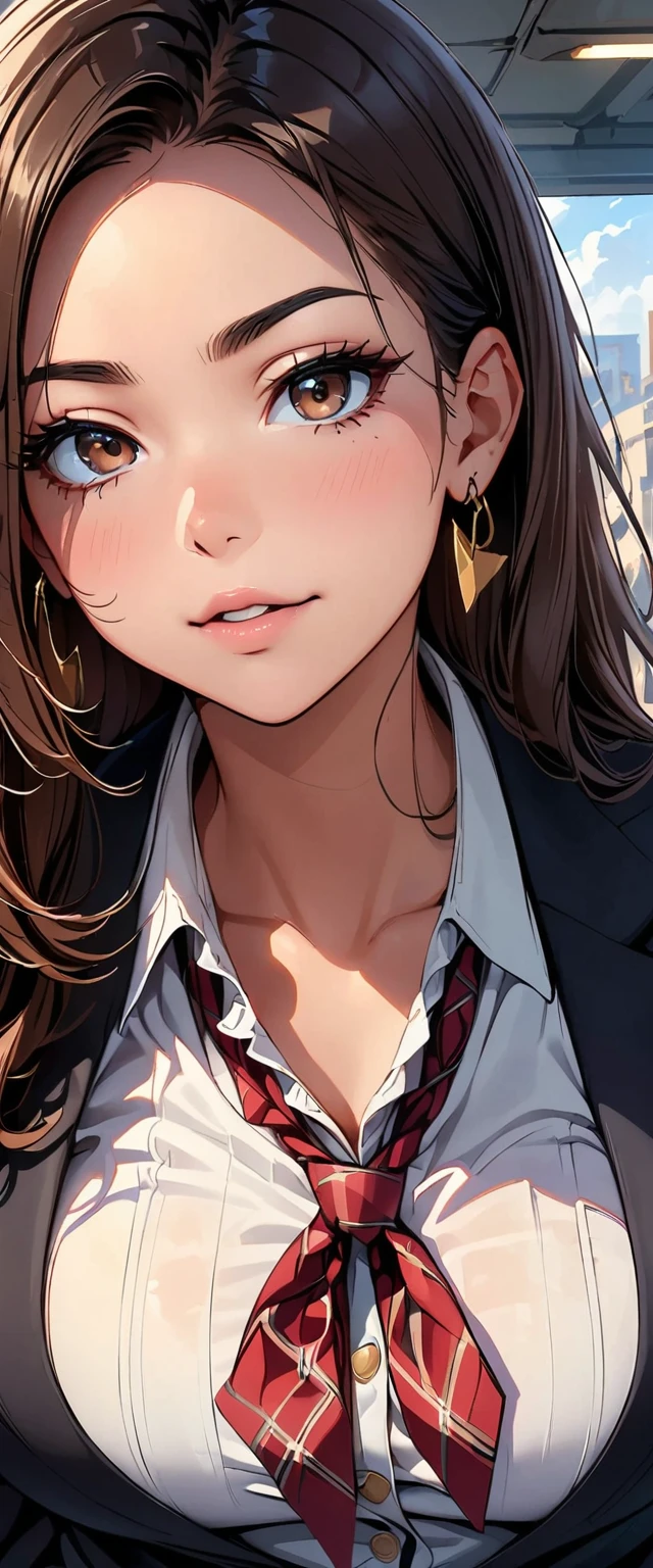 (of the highest quality, 4k, Obra maestra :1.3), mujer hermosa, 1 chica, (pecho, cuerpo atractivo :1.2), tiro de vaquero, JK:1.1, Dark brown hair: 1.1, traje de vaquera ajustado, super detailed face, detalles de labios, ojos finos, double eyelid, manos con dedos perfectos
