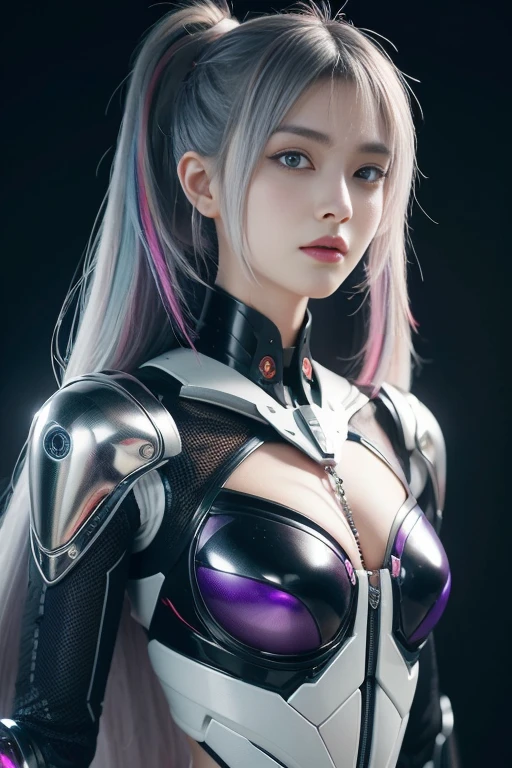 masterpiece, best quality, illustration, beautiful detailed eyes, colorful background, mechanical prosthesis, mecha coverage, emerging dark purple across with white hair, pig tails, disheveled hair, fluorescent purple, cool movement, rose red eyes, beatiful detailed cyberpunk city, multicolored hair, beautiful detailed glow, 1 girl, expressionless, cold expression, insanity, long bangs, long hair, lace, dynamic composition, motion, ultra - detailed, incredibly detailed, a lot of details, amazing fine details and brush strokes, smooth, hd semirealistic anime cg concept art digital painting, cyborg style,