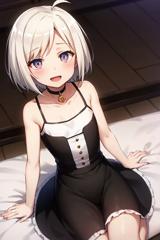 ((highest quality)), ((masterpiece)), (be familiar with), Perfect Face, indoor, Bedroom, Watching the audience,
One woman, Antiline Helan Fouché,
Open Mouth, Ecstatic expression, blush, smile,
Small breasts, Flat Chest, Young Girl, , , Girl,
Short Hair, Black and white hair, Two-tone color, Black and white eyes, Odd Eye, short hair,
Leg spread,