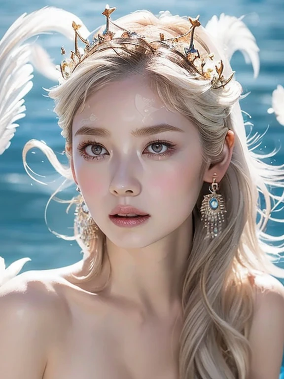 (watercolor:1.1),(Incredible detail, Texture and maximum detail), Doll-like girl with angel wings, Archangel, Angel Ring, Elven ears with many earrings, Look forward, nearly naked, Thin body, skinny, small胸, small , Princess Crown, Dragon Horn, Look up at the camera, (Without hands),(Highest quality real textured skin),(Faint sunshine),(Clamshell Catch Light:1.5),(Abysmal),(Are you okay, round, Symmetrical eyes),Delicate facial features,(Burning bright cold eyes), very slim and Thin body, naked, nude, (She has a mischievous smile),(Her face is kind and beautiful),Glass earrings in the ears,,(Blonde),(Silvery white hair),(Dramatic Photos:1.4),(Dramatic Pose),(Flashy photos), Upturned eyes, Upward glance, Cluttered picture,(Hair floating in the air:2.0),(Background vortices and currents),(Dramatic Light),(Nice views),(Surrounded by beautiful feathers),Spectacular realism,Cinematic feel,(High-density image review:1.5),(Soft colors:1.2),Super detailed,Dramatic Light,(Intricate details:1.1), Complex background, Sparkly Background, Fractal Background,naked,nude,