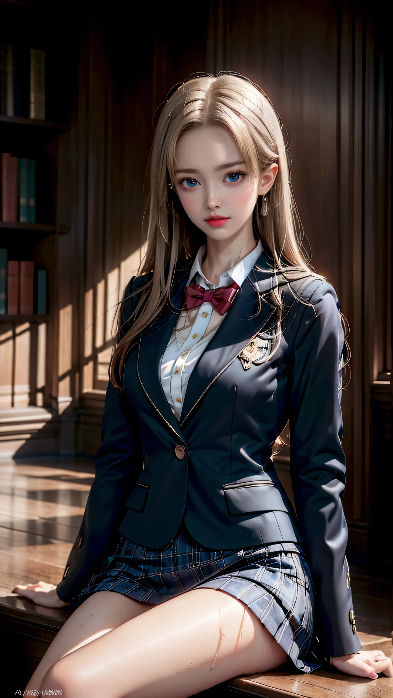 ((A girl sitting in front of a bookshelf in a library))、Best quality work，Actual work，Ultra Premium Graphics，8K HD CG works，High quality graphics，High-definition CG works，10x pixels，Extremely fine detail：1.1，Advanced Technical Details：1.1 Photorealistic，Indoor lighting effects：1.5，Natural light：1.5. Light effects（virtual Light effects：1.8），Long silver hair（(Eyes closed)), Thin eyebrows，High nose, Nice red lips, Rose Cheeks, A face with subtle makeup , Cute face, perfectly balanced face，(girl in school uniform），A light-toned foundation enhances the clarity of your skin.，high school girl、((White blazer)),(White blouse)、(Red bow tie)、(Dark blue checked skirt).40k, photograph, Tabletop, highest quality,  ((1 Gorgeous wet light haired girl with beautiful eyes, She has a beautiful face and wears glasses, )). White skin, Various poses.((Medium sized breasts,:1.1)), highest quality, Tabletop, Ultra-high resolution, (Realistic:1.4), RAWphotograph, (Perfect figure), (slim:1.3), Slim abdomen, Perfect slim figure, Dynamic Pose,  alone, Cold light 12000K, Very detailed facial and skin texture, Fine grain, Realistic eyes, Beautiful fine grain, (Realistic Skin), Charm, 超A high resolution, Surreal, Very detailed,