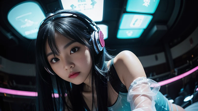 (masterpiece), highest quality, 超High resolution,Girl, サイバーパンク 1 美しい都市景観の上を飛ぶGirl ,Headphones,Blue Hair, Neon colorの流れ星, Very long hair, Off the shoulder, Neon color, Blink, Amazing night sky, Cinema Lighting, Realistic, Realistic Skin, High resolution,Fisheye Lens,Wearing a see-through transparent rubber suit,