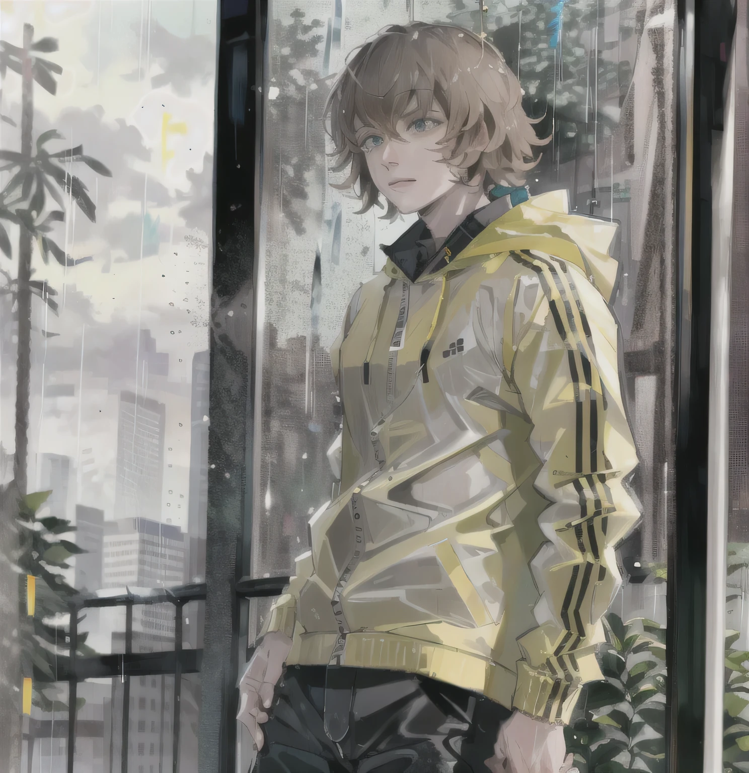 Young man, brown hair, curly hair style, medium hair, blue eyes, yellow rain jacket, black pants, in the rain, rain city, grey sky, detailed, 4k, masterpiece,